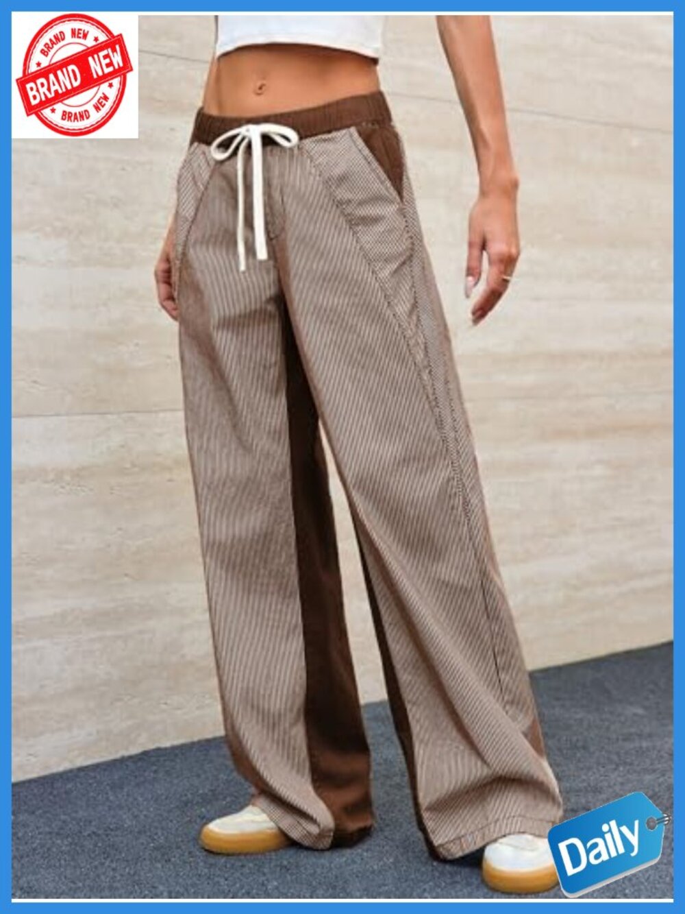 Women's Low Rise Striped Wide Leg Pants Boho Drawstring Cotton Palazzo - Picture 5 of 6